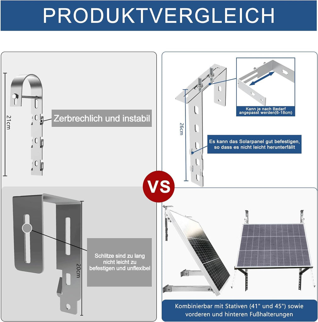 2PCS Einstellbar Solarpanel Halterung Haken Balkon, Geländerhalterung Balkonkraftwerk für Solarmodul Balkon & Flachdach,Edelstahl Haken für Balkongeländer Halter,Solarmodul Halterung Photovoltaik