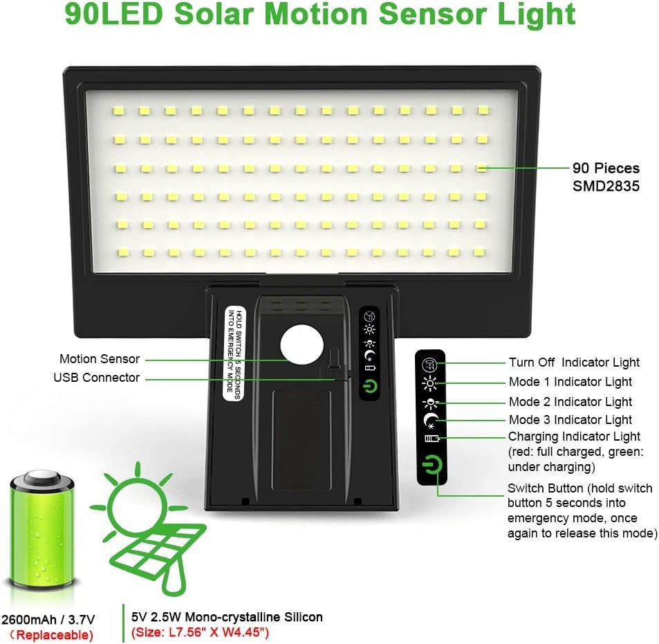 Solarlampen für Außen, 90 LED Solarlampe Außen Superhelle Solarleuchte mit Bewegungsmelder Sicherheitswandleuchte 3 Modi Wasserdichte Wandleuchte Garten.Batterie austauschbar (1 Stück) [Energieklasse A+]