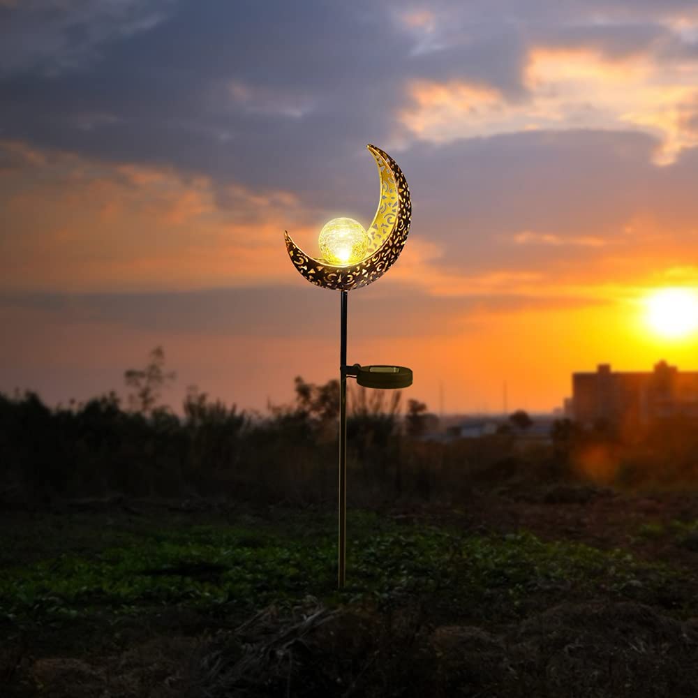 Solarlampe für Außen,  Metall Mond-Form Solarleuchten LED Stake Dekorative Gartenfahlständer Solarleuchten im Freien Gartendeko für Terrasse, Weg, Hof, Rasen, Warmwhite