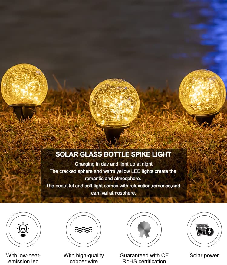 2 pcs Solar Glasleuchtkugeln,  IP65 Wasserdicht Gesprungenes Glas Kugel Licht, Intelligente Lichtsteuerung Outdoor Rasen Lampe Plug-in Dekorative Solarleuchten für den Außenbereich, 12cm