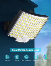 Laden Sie das Bild in den Galerie-Viewer, Solarlampen für Außen, 106 LED Solarleuchte Aussen mit Bewegungsmelder, IP65 Wasserdichte, 120°Beleuchtungswinkel, Solar Wandleuchte für Garten mit 5m Kabel [Energieklasse A++]