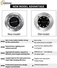 Laden Sie das Bild in den Galerie-Viewer, 4/6 Stück Solar Bodenleuchten Solarleuchten für Garten 8 LEDs Solarlampen für Außen Edelstahl IP65 Wasserdichte, 3000K Warmweiß Solarleuchte für Rasen Auffahrt Gehweg Patio Garden