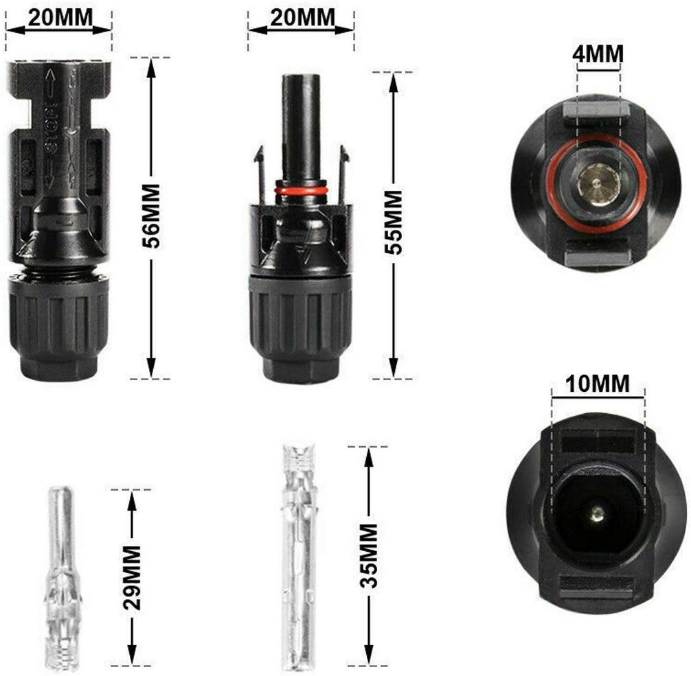 5/6/8/10/12/20/22 Männlich/Weiblich MC4 Solarpanel Kabelstecker, Solar Panel Kabel Anschlüsse Stecker, Photovoltaik Steckverbinder mit Schraubenschlüssel, Schwarz