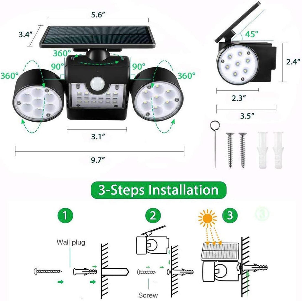 Solarleuchten für den Außenbereich, 30 LED-Solarsicherheitsleuchten mit Bewegungssensor, Doppelkopfstrahler, IP65, wasserdicht, um 360 ° verstellbar, Solar-Wandleuchten für den Außenbereich, für Hof, Garage, Terrasse, Veranda