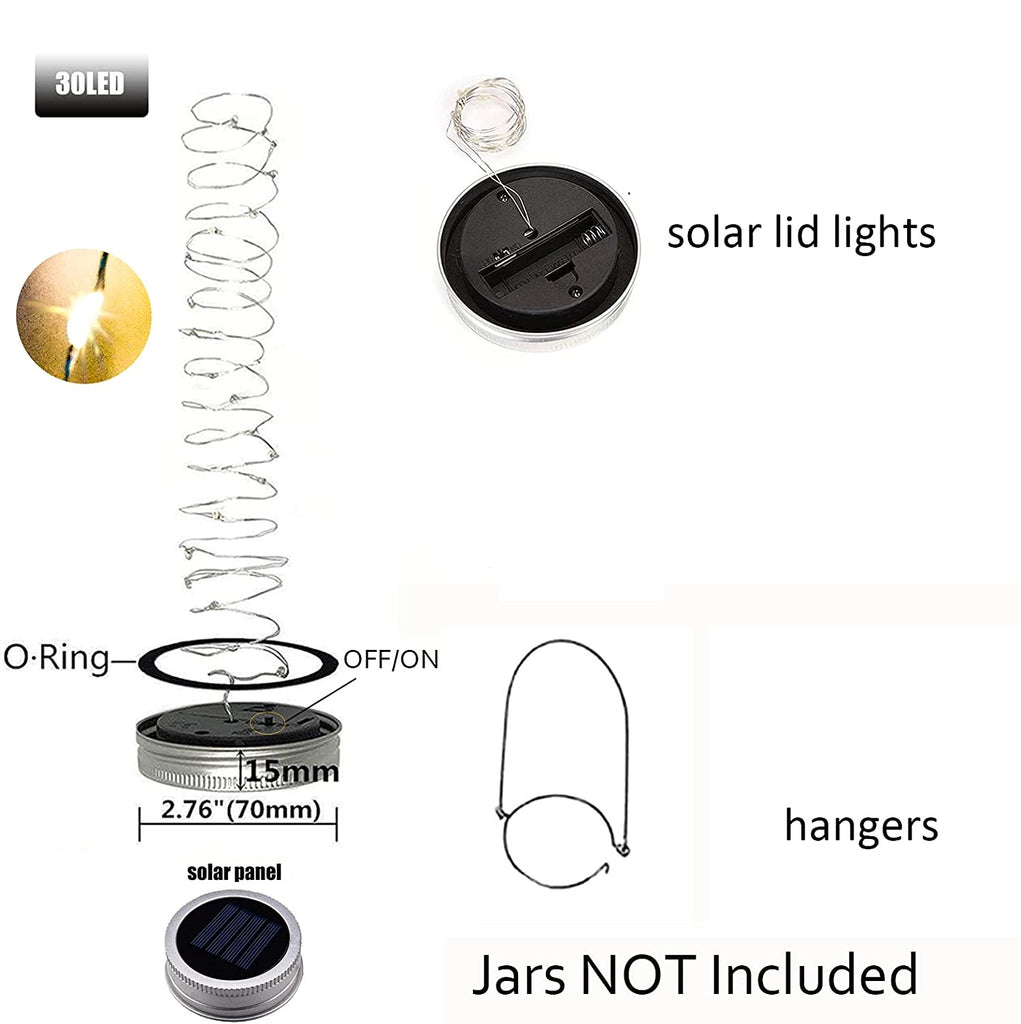 6/12Stück +3Farben 30 LED Solar Mason Jar Lichterkette Deckel,  Einsätze Beleuchtung mit 12 Aufhängern für Außenbereich Terrasse Rasen Garten Dekor, Ohne Gläser