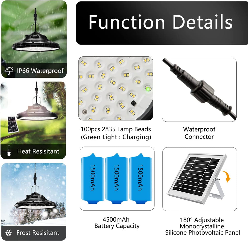 Solar Hängelampen für Außen & Innen, Hängend Solarlampen 100LED 1200LM Pendelleuchte mit Fernbedienung, 3000K|4000K|5000K Dimmbar, IP66 Wasserdicht Solarpanel Licht für Draußen Garten Camping