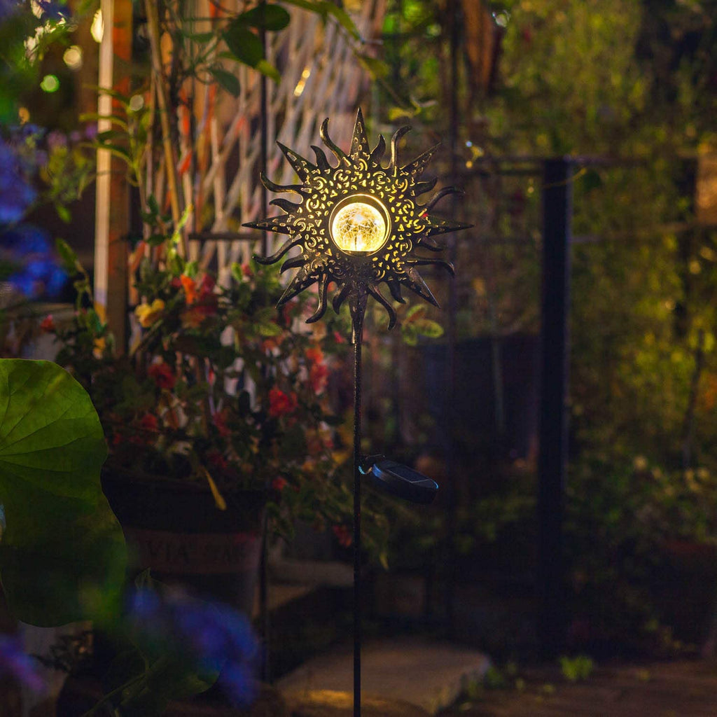 Solarlampe für Außen,  Metall Sonne-Form Solarleuchten LED Stake Dekorative Gartenfahlständer Solarleuchten im Freien Gartendeko für Terrasse, Weg, Hof, Rasen