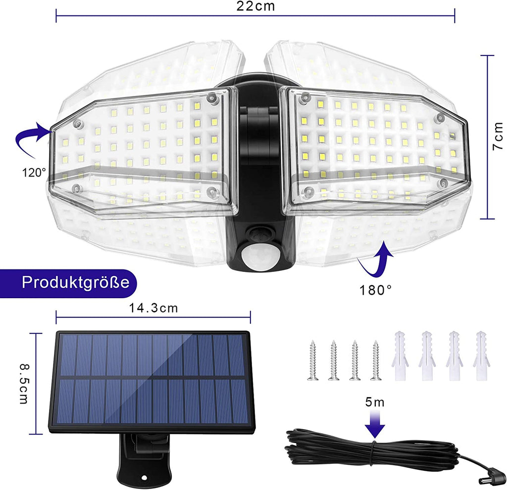 Solarlampen für Außen mit Bewegungsmelder,100 LED Strahler Außen 270° Superhelle Solarleuchten für Außen LED IP65 Wasserdichte 3 Modi Solar Wandleuchte mit 5M/16.5ft Kabel, LED Solarleuchte