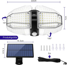 Laden Sie das Bild in den Galerie-Viewer, Solarlampen für Außen mit Bewegungsmelder,100 LED Strahler Außen 270° Superhelle Solarleuchten für Außen LED IP65 Wasserdichte 3 Modi Solar Wandleuchte mit 5M/16.5ft Kabel, LED Solarleuchte