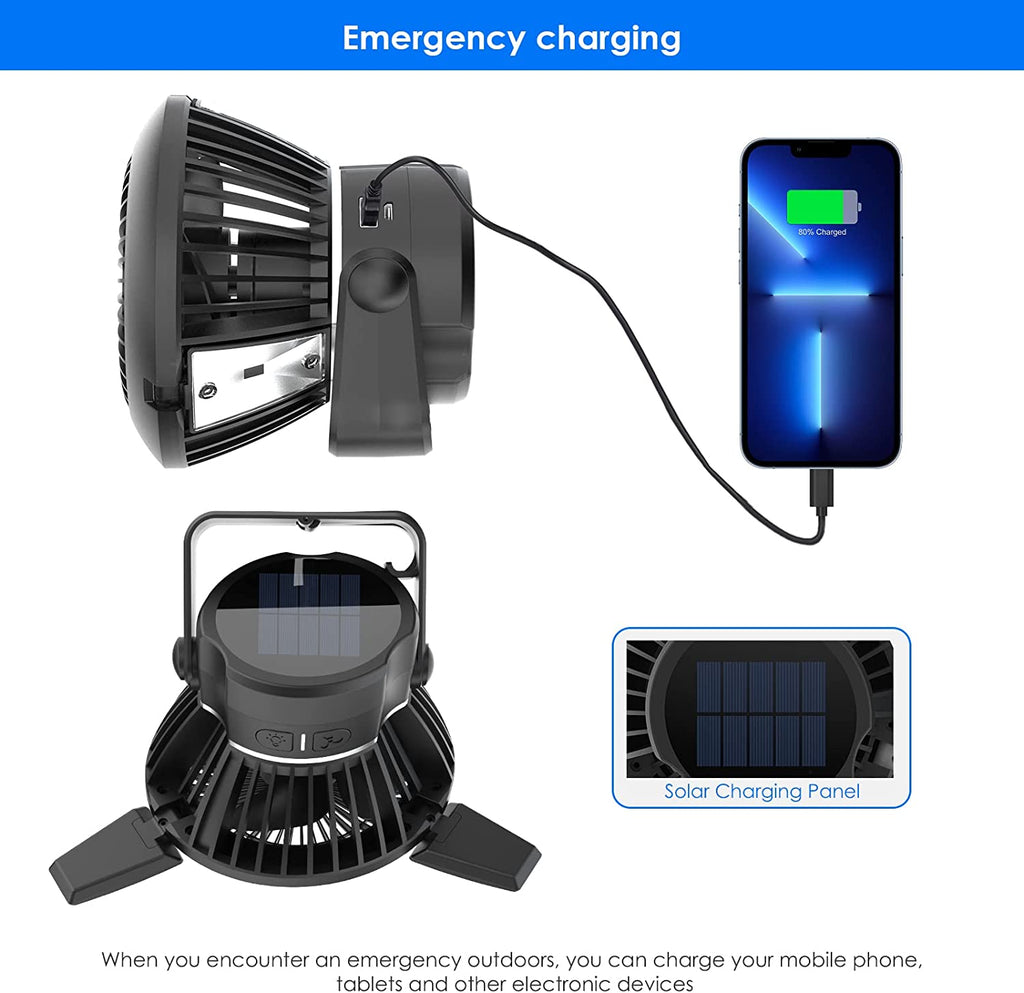 Solar Campingventilator für Zelt Wiederaufladbare Zeltventilatoren mit Lichtern Tragbarer Solar Camping Ventilator mit Haken LED Camping Laterne mit Deckenventilator USB Schreibtischventilator