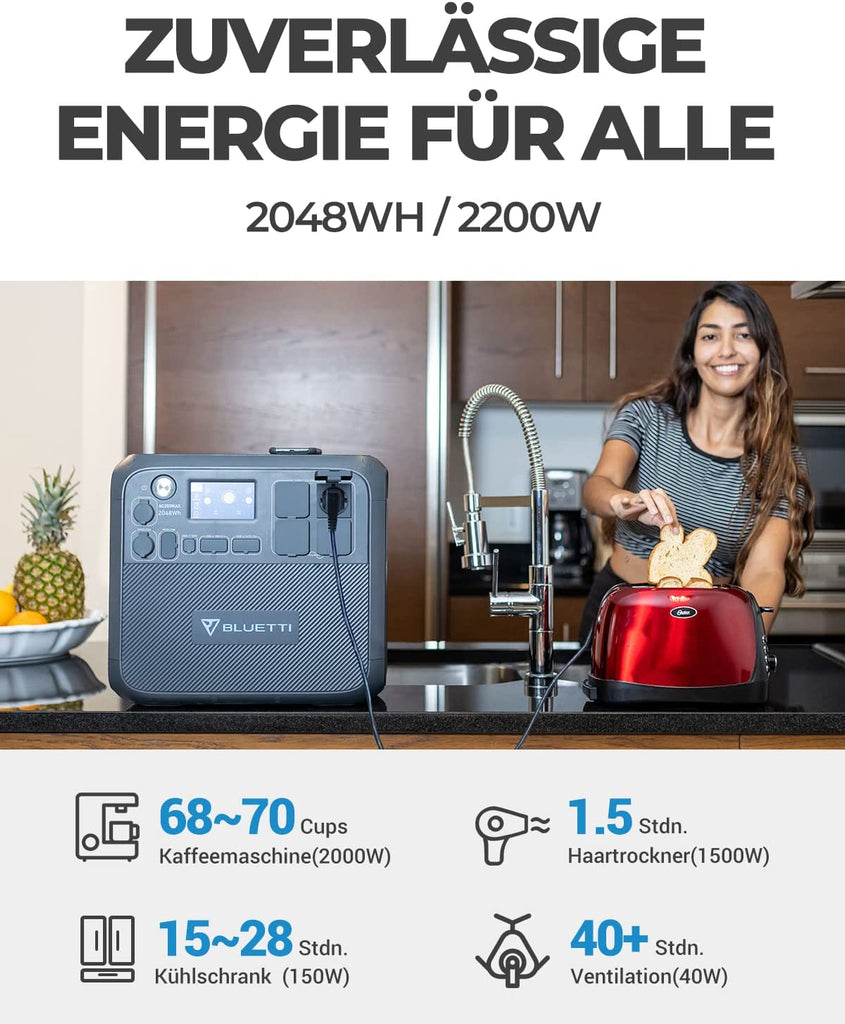 BLUETTI Tragbare Powerstation AC200MAX Solargenerator mit 2048Wh LiFePO4 Batterie, Erweiterbare Kapazität bis zu 8192Wh, Stromerzeuger mit 2200W AC-Steckdosen für Camping, Notfall, Wohnwagen