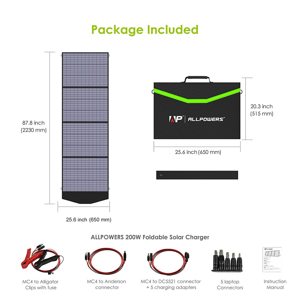 ALLPOWERS Faltbares Solarpanel 200W Solarmodul Solarladegerät Speziell US Solarzelle mit MC-4 Ausgang für Tragbare Powerstation Solargenerator Camping Wohnmobil Caravan Gartenhäuse Reise Boot Laptop