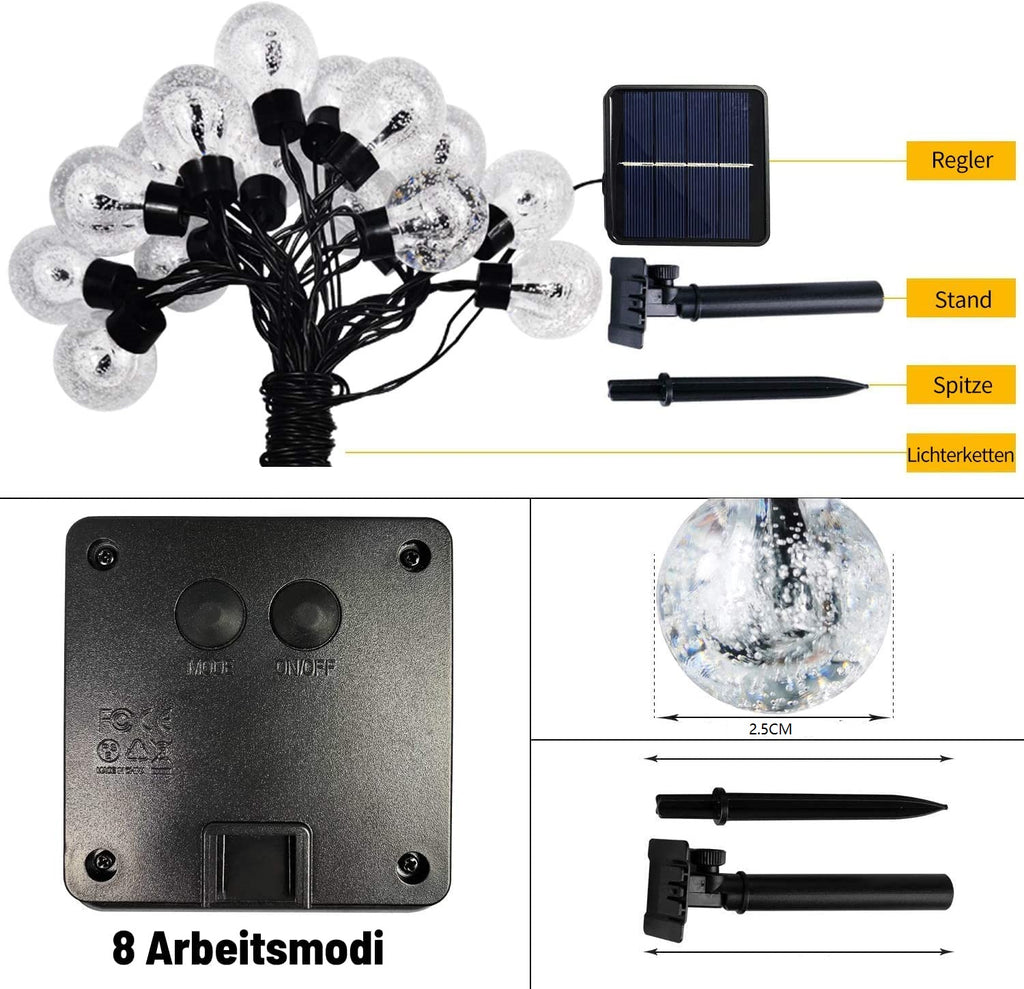 Solar Lichterkette Außen & Innen,20/30/50/60/100/200/300 LED Kristallkugeln Wasserdicht Outdoor Lichterkette Solar,8 Modi Solar Weihnachten Lichterkette für Garten, Balkons,Weihnachten,Hochzeiten, Camping