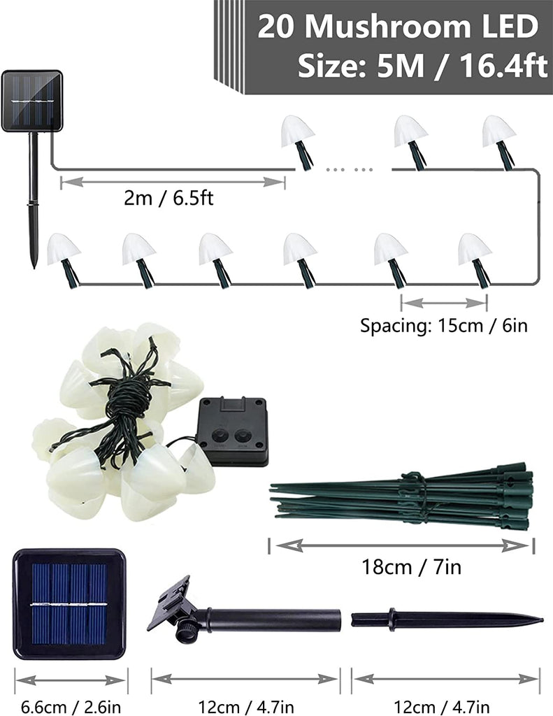 Solar Garten Pilzlampe Außen,20/30 LEDS 5/6 Meter Solar Lichterkette Pilze Aussen, 8 Modi Wasserdichte Solar Gartenleuchten Dekoration für Hof Bürgersteig Weg Hochzeit Party Weihnachtsbaum Geburtstag