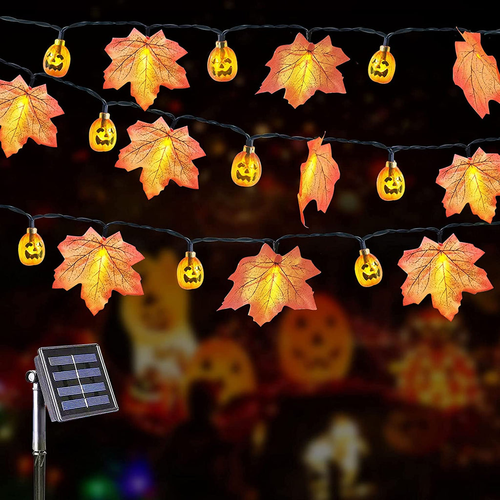 Solar Halloween Deko Garten Kürbiskopf Ahornblätter Kürbis Lichterkette mit Solarbetrieben, 8 Modi Wasserdicht Halloween Lichterkette für Außen Innen, Allerheiligen, Halloween Party Dekorations