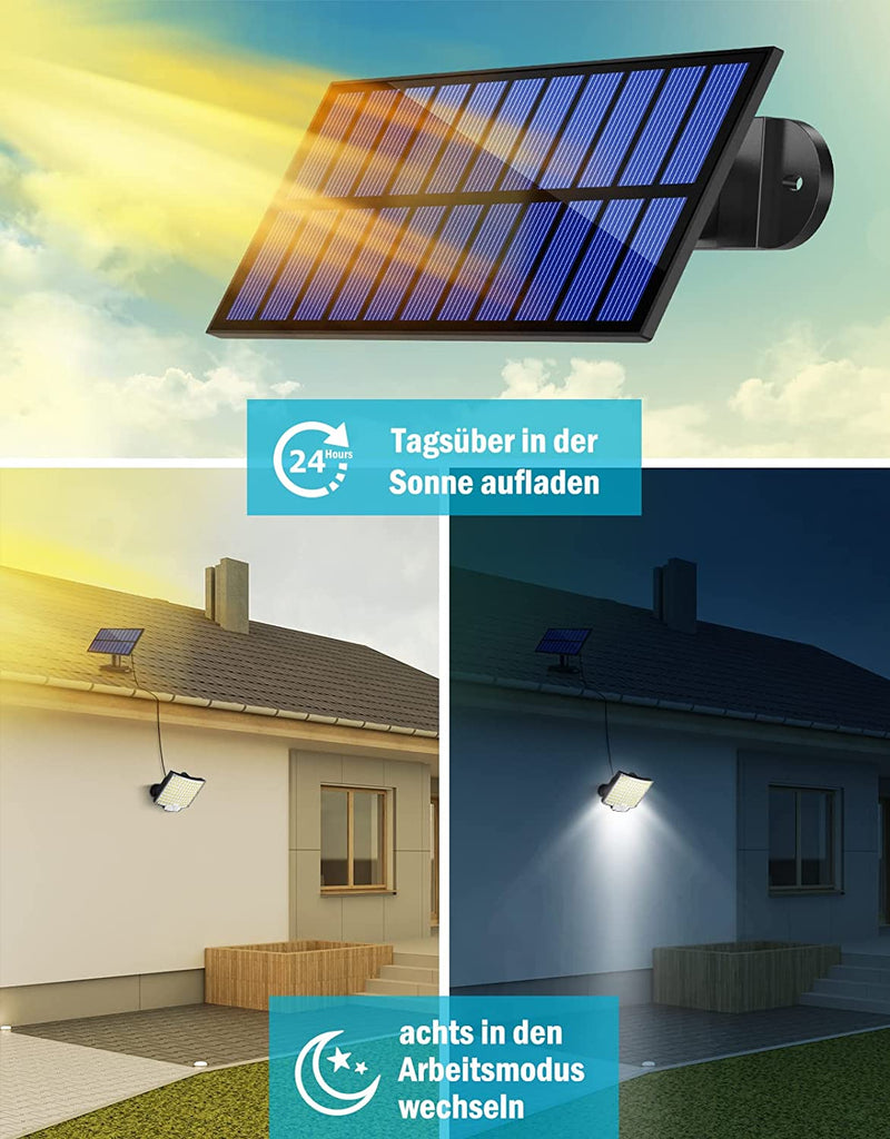 Solarlampen für Außen, 106 LED Solarleuchte Aussen mit Bewegungsmelder, IP65 Wasserdichte, 120°Beleuchtungswinkel, Solar Wandleuchte für Garten mit 5m Kabel [Energieklasse A++]