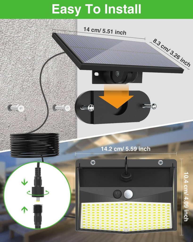 Solarlampen für Außen, 318 LEDs Solarleuchte Aussen mit Bewegungsmelder, IP65 Wasserdichte, 120°Beleuchtungswinkel, Solar Wandleuchte für Garten mit 5m Kabel [Energieklasse A++