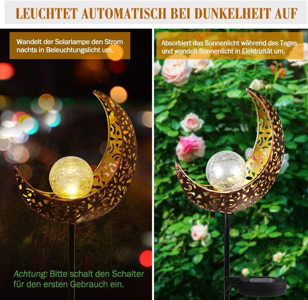 Solarlampe für Außen,  Metall Mond-Form Solarleuchten LED Stake Dekorative Gartenfahlständer Solarleuchten im Freien Gartendeko für Terrasse, Weg, Hof, Rasen, Warmwhite