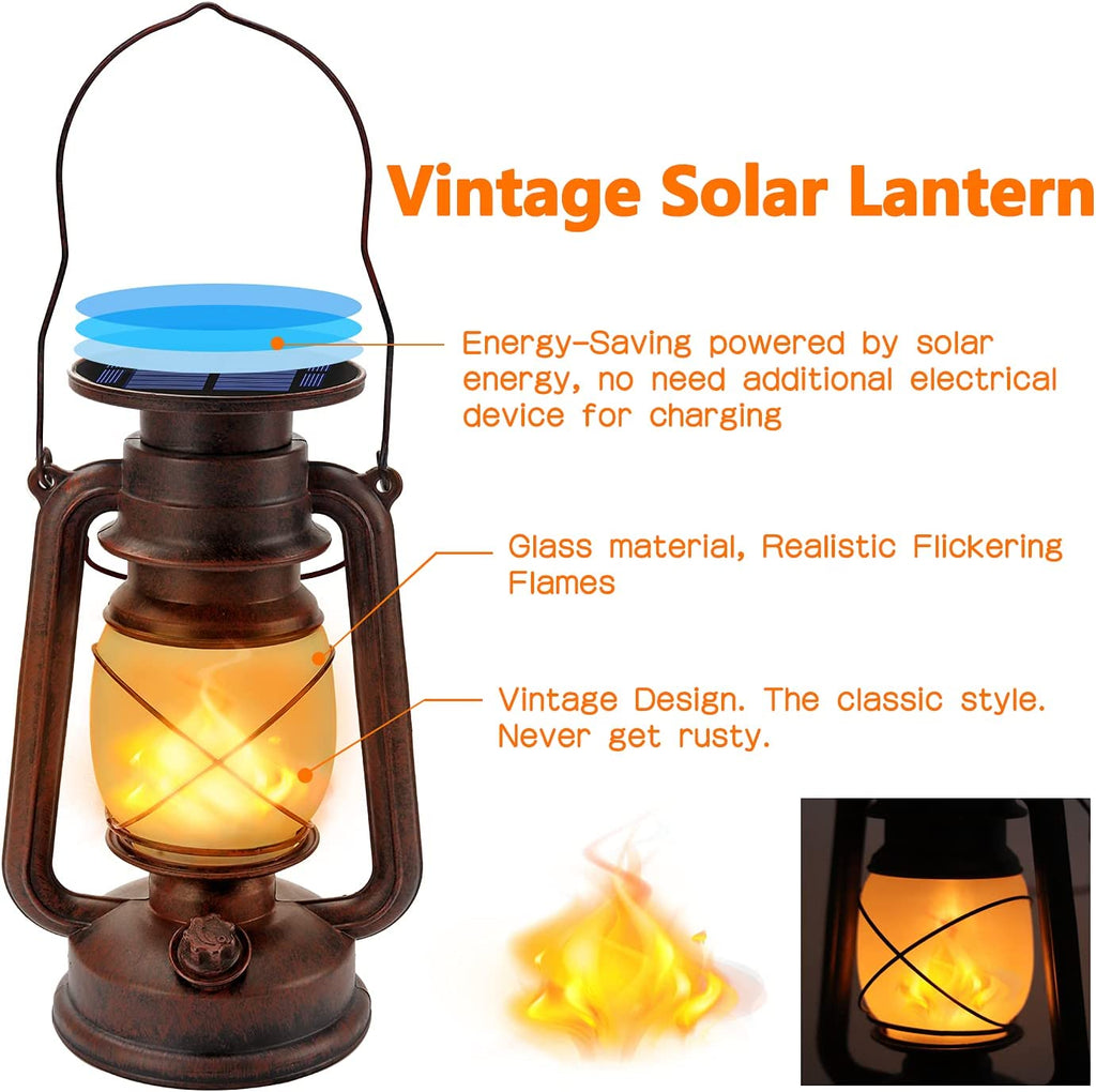 Led Vintage Solar Laterne Solar-LED-Sturmlampe Warmweiß Ultra Helle Solarlaterne Für außen Retro Design Led Laterne Outdoor Mit Flammen-Effekt Wasserdicht Campinglampe Für Garten,Draußen