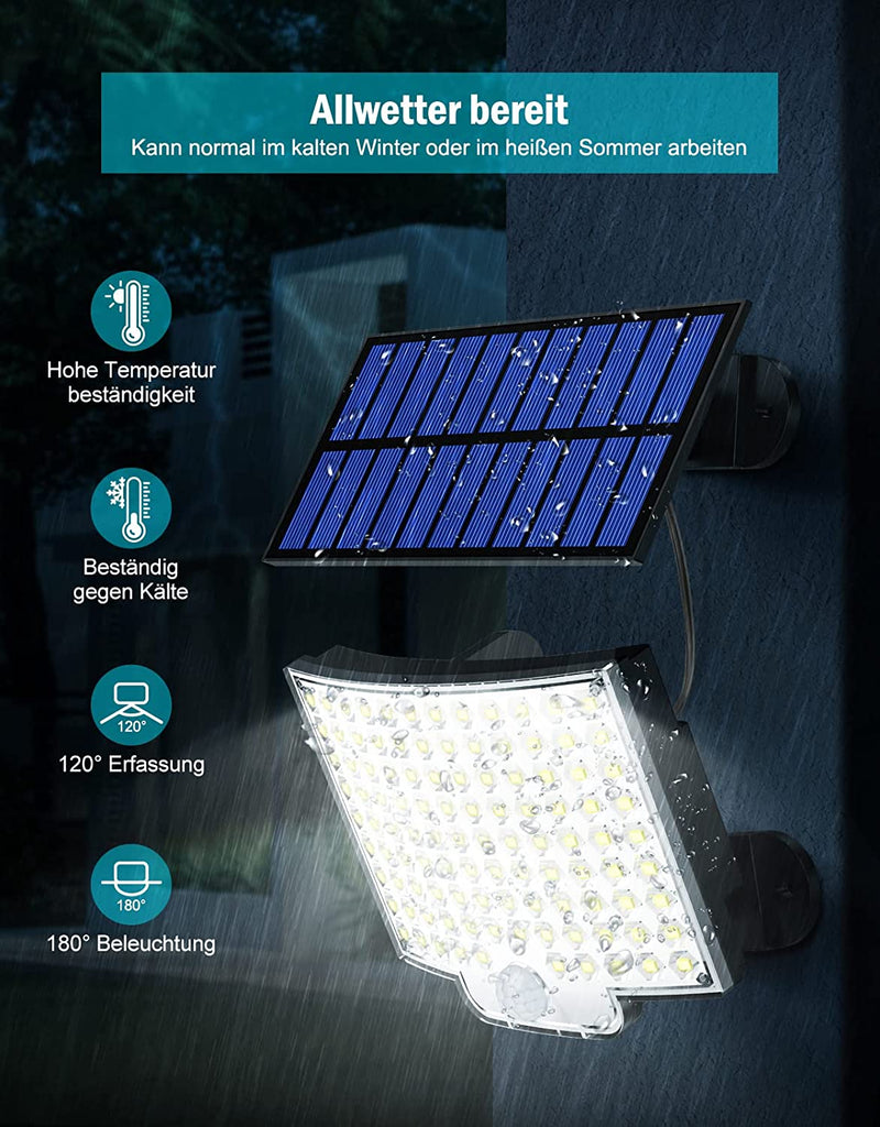 Solarlampen für Außen, 106 LED Solarleuchte Aussen mit Bewegungsmelder, IP65 Wasserdichte, 120°Beleuchtungswinkel, Solar Wandleuchte für Garten mit 5m Kabel [Energieklasse A++]