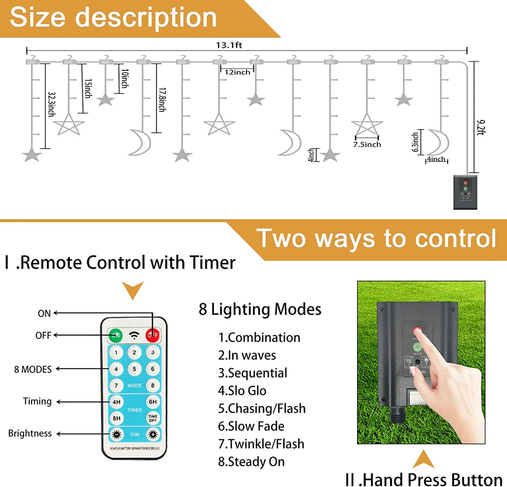 Solar Lichterkette mit LED Kugel 12 Stern-Mond Stern-Stern Sterne Mond Lichtervorhang 123 Leuchtioden Lichtervorhang 8 Modi Innen & Außenlichterkette Wasserdicht Dekoration für Weihnachten