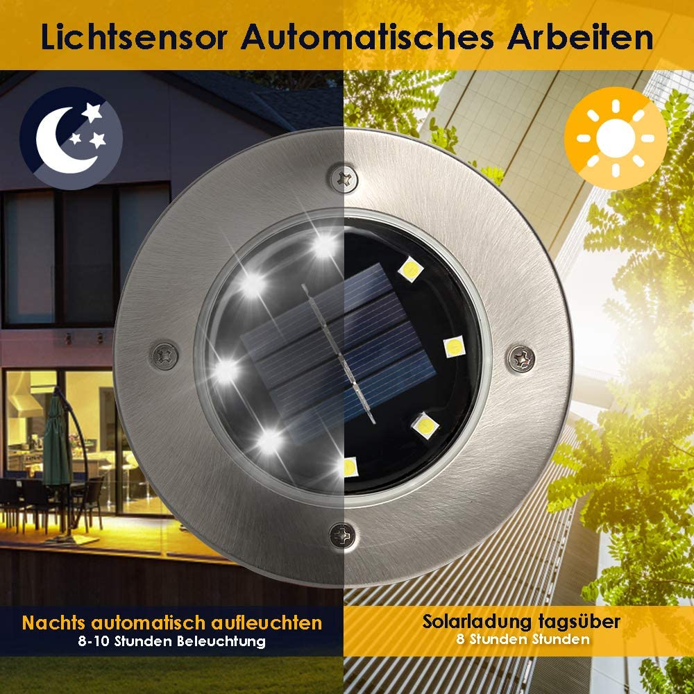 6/8/10 PCS 8 LEDs Solar Bodenleuchten Solarleuchten für Außen   Solar Bodenleuchte aussen Gartenleuchte Solarlampe led solar strahler Deko für Rasen,Gehweg,Pool,Terrassen Gehäuse Metallic-Silber, Farbton