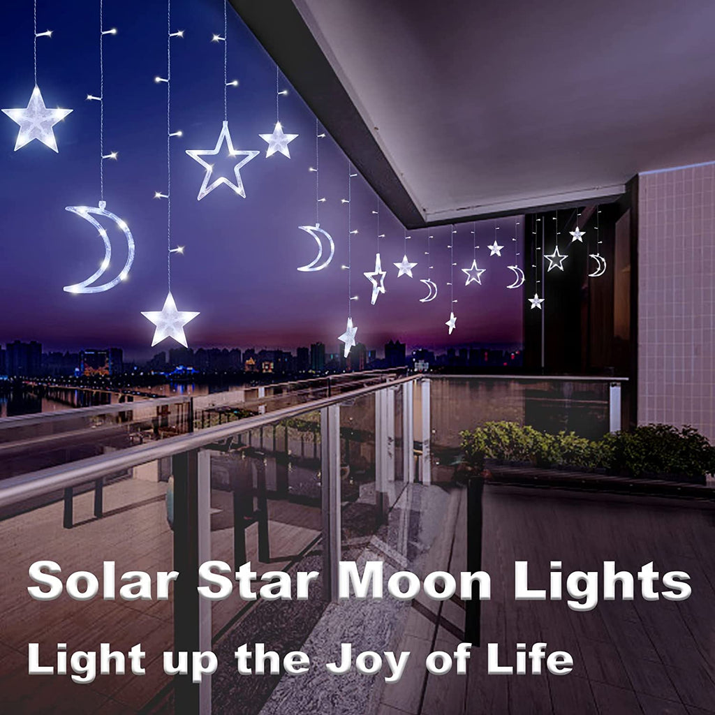 Solar Lichterkette mit LED Kugel 12 Stern-Mond Stern-Stern Sterne Mond Lichtervorhang 123 Leuchtioden Lichtervorhang 8 Modi Innen & Außenlichterkette Wasserdicht Dekoration für Weihnachten