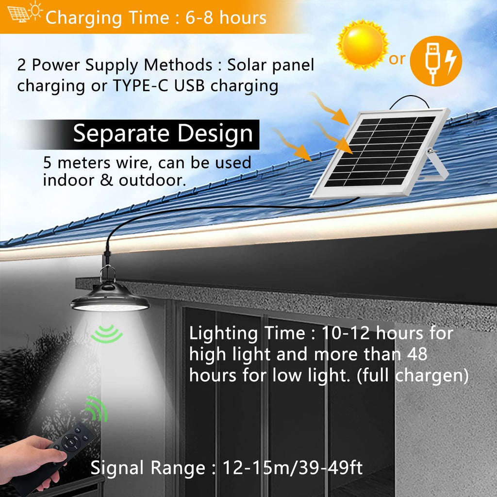 Solar Hängelampen für Außen & Innen, Hängend Solarlampen 100LED 1200LM Pendelleuchte mit Fernbedienung, 3000K|4000K|5000K Dimmbar, IP66 Wasserdicht Solarpanel Licht für Draußen Garten Camping