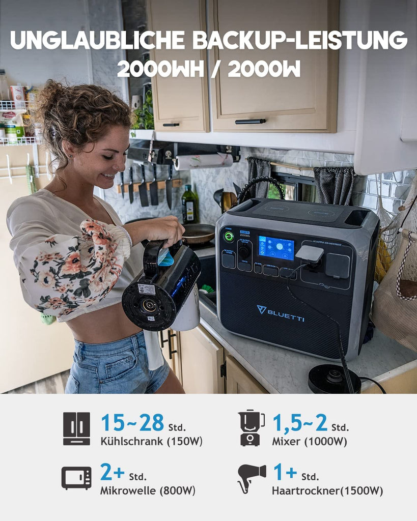 BLUETTI Powerstation AC200P 2000Wh LiFePO4 Batterie, 2000W Solargenerator Tragbar mit 230V Steckdose, Stromspeicher (4800W Gipfel, 700W Solar) für Wohnung, Reise und Camping