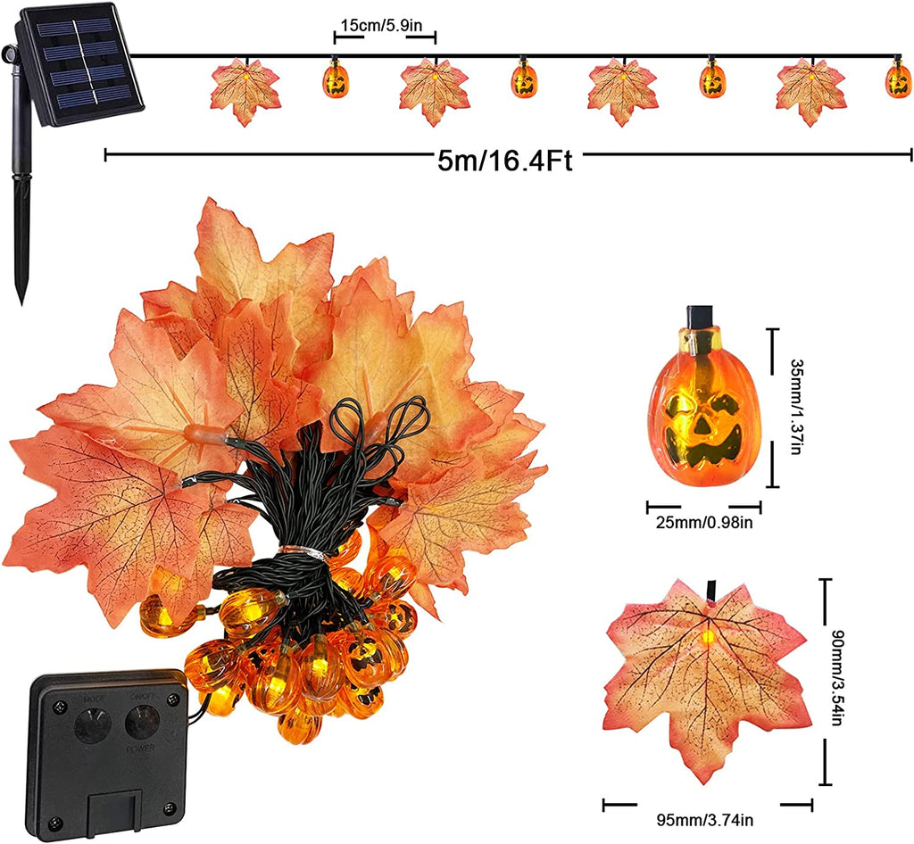 Solar Halloween Deko Garten Kürbiskopf Ahornblätter Kürbis Lichterkette mit Solarbetrieben, 8 Modi Wasserdicht Halloween Lichterkette für Außen Innen, Allerheiligen, Halloween Party Dekorations