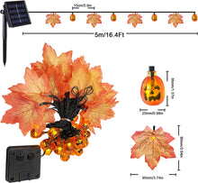 Laden Sie das Bild in den Galerie-Viewer, Solar Halloween Deko Garten Kürbiskopf Ahornblätter Kürbis Lichterkette mit Solarbetrieben, 8 Modi Wasserdicht Halloween Lichterkette für Außen Innen, Allerheiligen, Halloween Party Dekorations