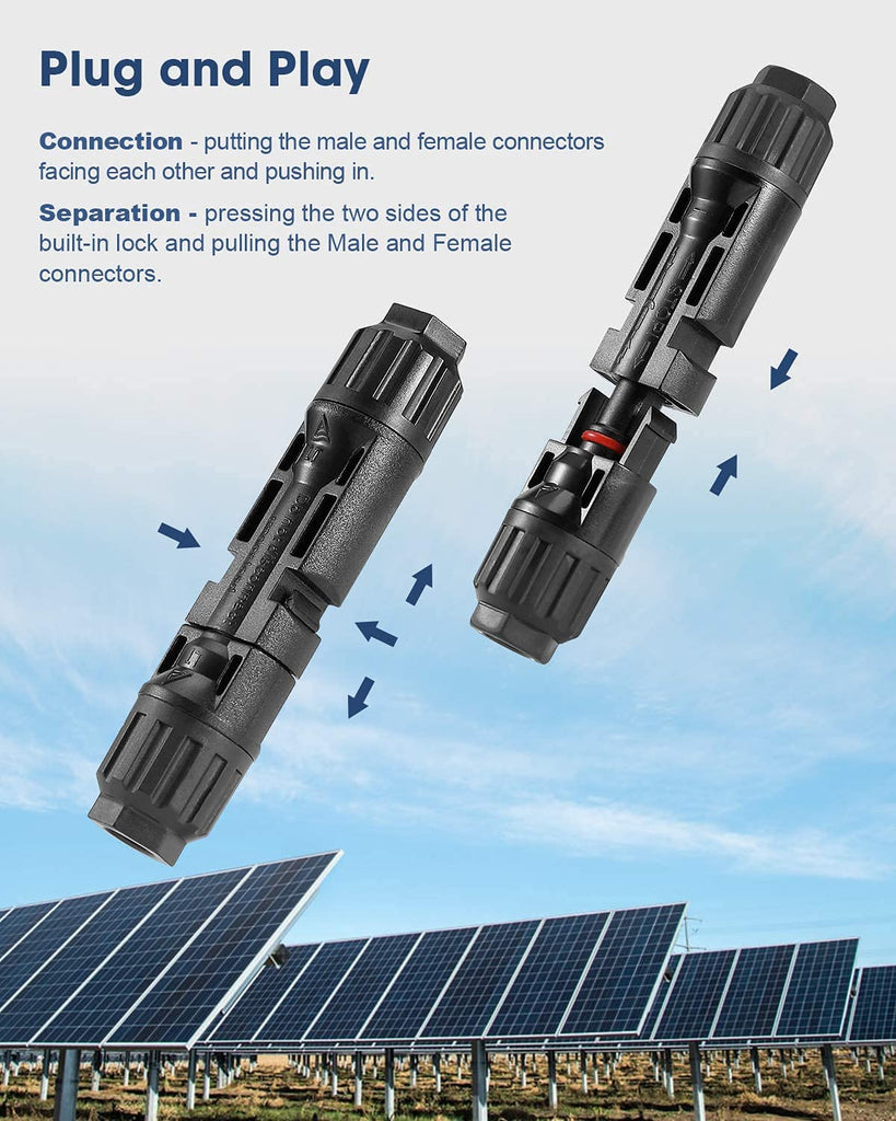 5/6/8/10/12/20/22 Männlich/Weiblich MC4 Solarpanel Kabelstecker, Solar Panel Kabel Anschlüsse Stecker, Photovoltaik Steckverbinder mit Schraubenschlüssel, Schwarz