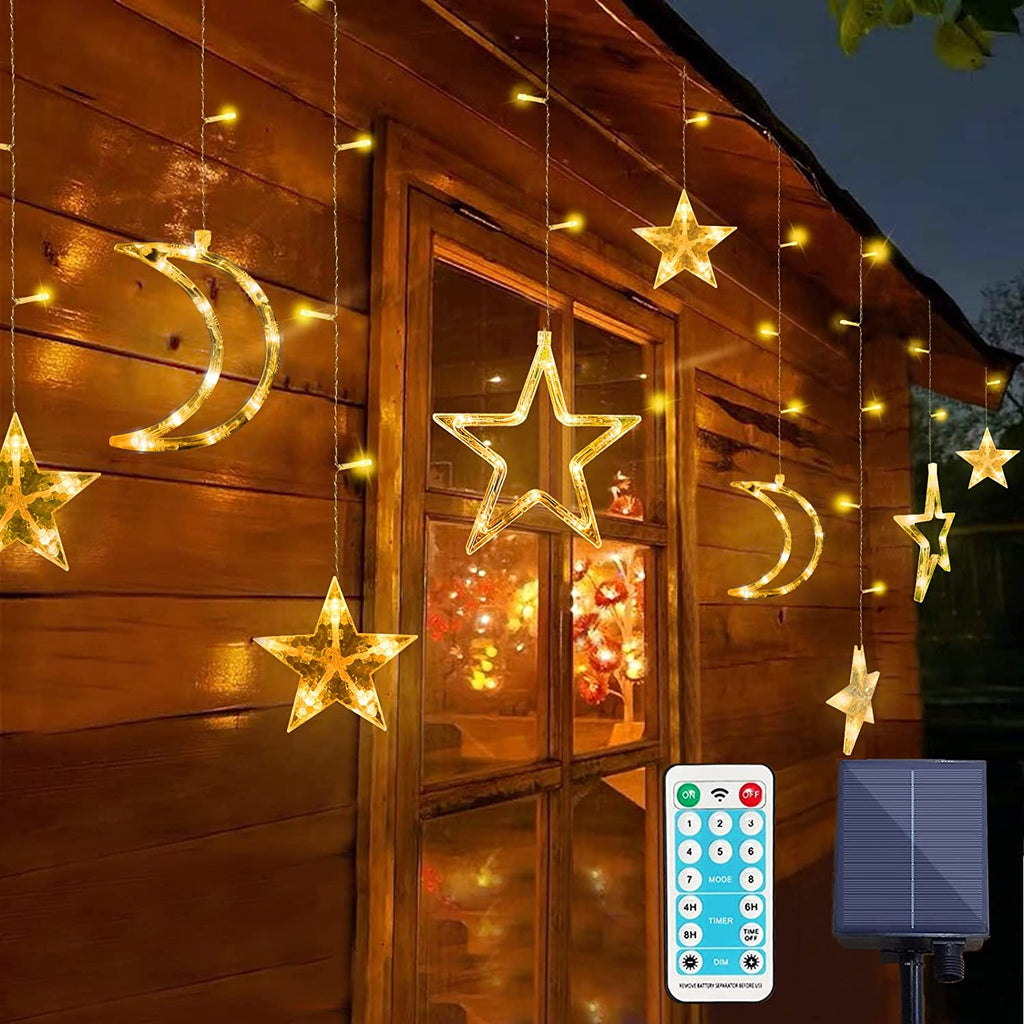 Solar Lichterkette mit LED Kugel 12 Stern-Mond Stern-Stern Sterne Mond Lichtervorhang 123 Leuchtioden Lichtervorhang 8 Modi Innen & Außenlichterkette Wasserdicht Dekoration für Weihnachten