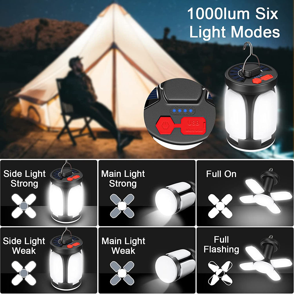 Solar Campinglampe LED Aufladbar 4500mAh Akku 1000 Lumen Polygon Lampe Ausklappbar 6 Lichtmodi Notstrombank für Stromausfällen Wandern Notfall Angeln