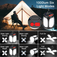 Laden Sie das Bild in den Galerie-Viewer, Solar Campinglampe LED Aufladbar 4500mAh Akku 1000 Lumen Polygon Lampe Ausklappbar 6 Lichtmodi Notstrombank für Stromausfällen Wandern Notfall Angeln