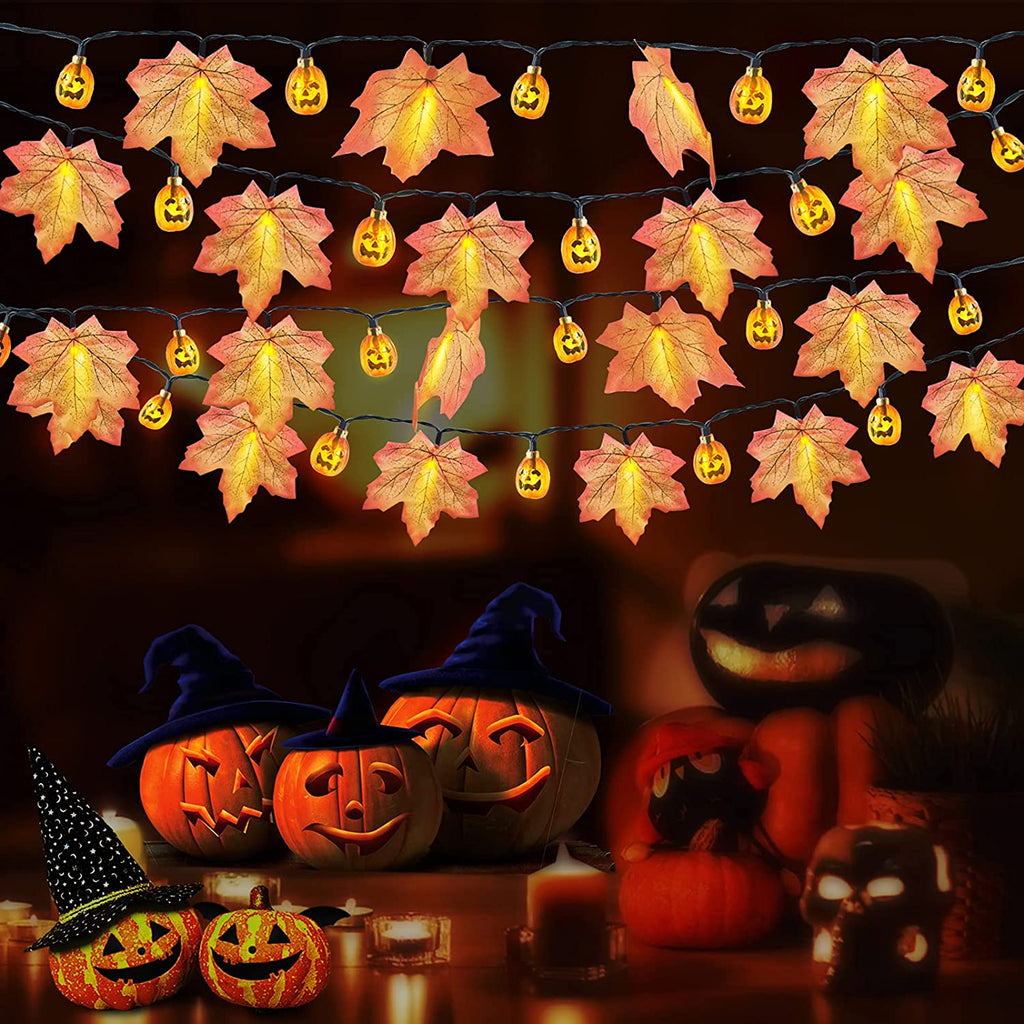 Solar Halloween Deko Garten Kürbiskopf Ahornblätter Kürbis Lichterkette mit Solarbetrieben, 8 Modi Wasserdicht Halloween Lichterkette für Außen Innen, Allerheiligen, Halloween Party Dekorations