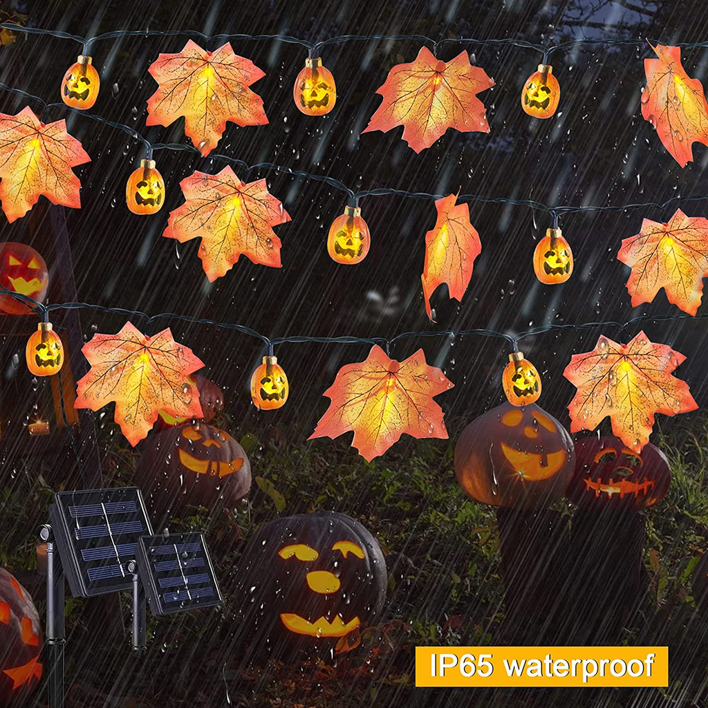 Solar Halloween Deko Garten Kürbiskopf Ahornblätter Kürbis Lichterkette mit Solarbetrieben, 8 Modi Wasserdicht Halloween Lichterkette für Außen Innen, Allerheiligen, Halloween Party Dekorations