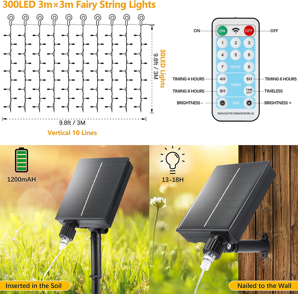 Solar Lichtervorhang Aussen,3x3m 300 LED Lichterkette mit 8 Modi Fernbedienung IP65 Wasserdicht Wasserfall Solar Außen Lichterkette für Weihnachten, Partydekoration, Innenbeleuchtung