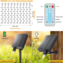 Laden Sie das Bild in den Galerie-Viewer, Solar Lichtervorhang Aussen,3x3m 300 LED Lichterkette mit 8 Modi Fernbedienung IP65 Wasserdicht Wasserfall Solar Außen Lichterkette für Weihnachten, Partydekoration, Innenbeleuchtung