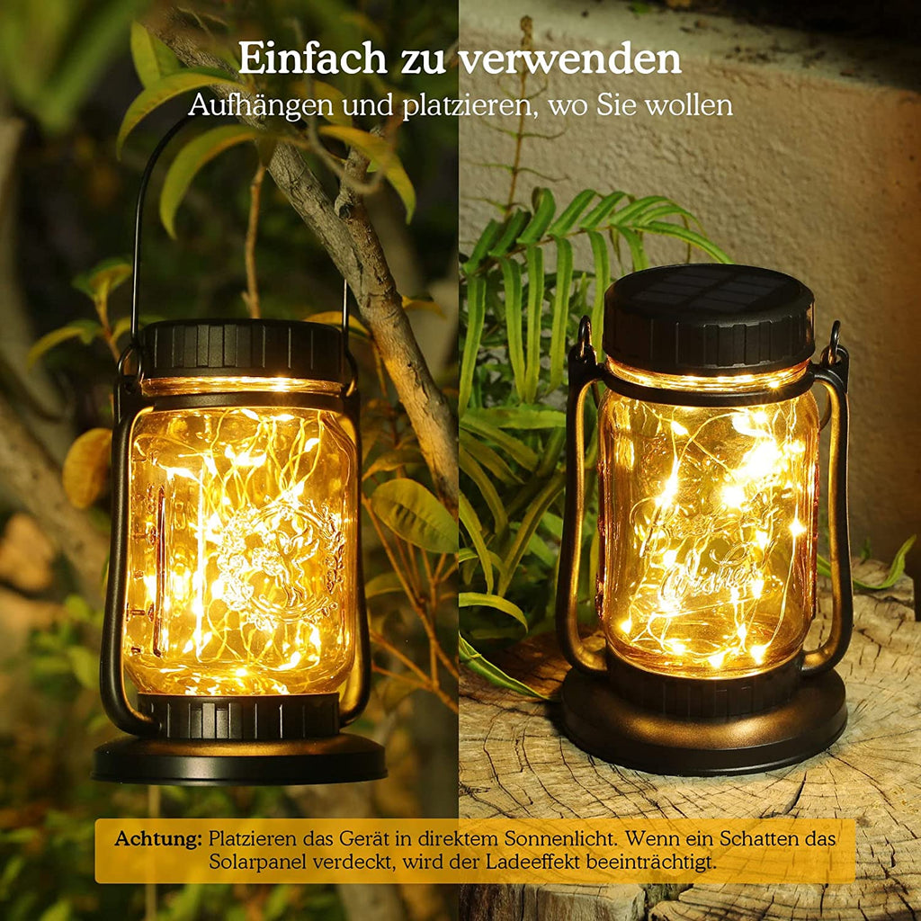 Solarlampen für Außen Graten , Vintage Glas Solarleuchten Garten mit 30 LED Lichterkette, Wasserdicht Retro Garten Deko Solar lampe für Outdoor, Balkon, Patio, Hof