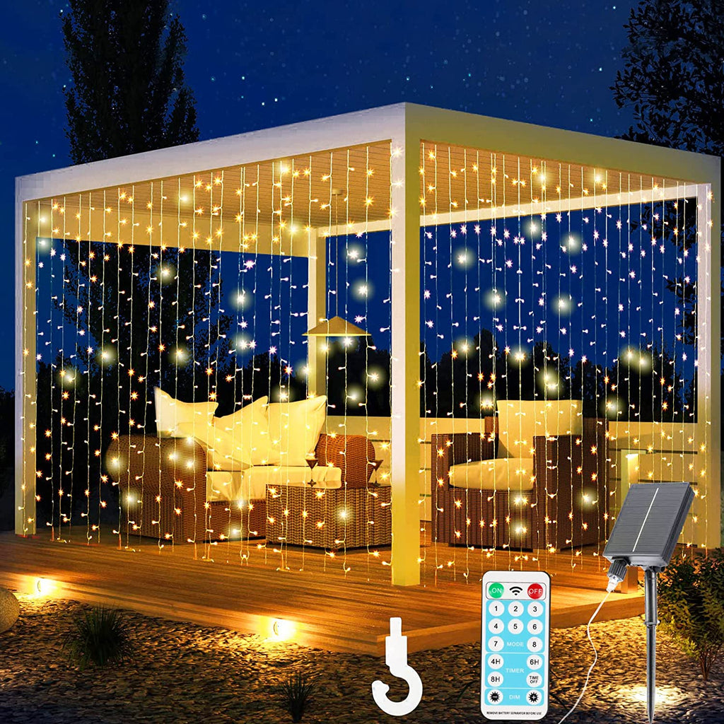 Solar Lichtervorhang Aussen,3x3m 300 LED Lichterkette mit 8 Modi Fernbedienung IP65 Wasserdicht Wasserfall Solar Außen Lichterkette für Weihnachten, Partydekoration, Innenbeleuchtung