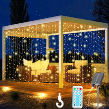 Laden Sie das Bild in den Galerie-Viewer, Solar Lichtervorhang Aussen,3x3m 300 LED Lichterkette mit 8 Modi Fernbedienung IP65 Wasserdicht Wasserfall Solar Außen Lichterkette für Weihnachten, Partydekoration, Innenbeleuchtung