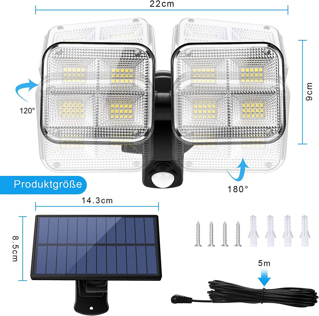 Solarlampen für Außen mit Bewegungsmelder, 120 LED Strahler Außen 270° Superhelle Solarleuchten für Außen LED IP65 Wasserdichte 3 Modi Solar Wandleuchte mit 5M/16.5ft Kabel[Energieklasse A+++]