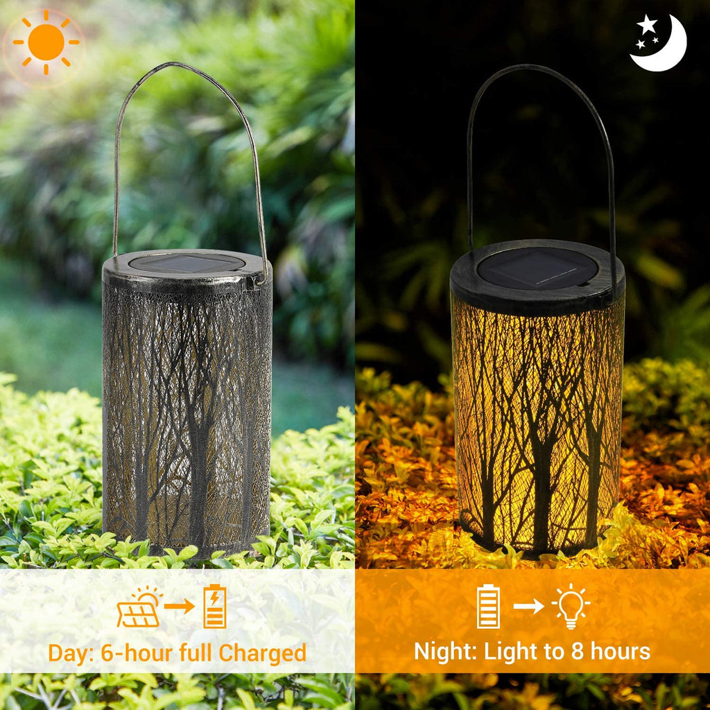 Solar Laterne für Außen Garten:  Baum Metall Solar Laterne für Draußen LED Gartenleuchte Wasserdicht Vintage Hängend Balkon Garten Deko für Aussen Patio Terrasse Wand Tisch Warmweiß