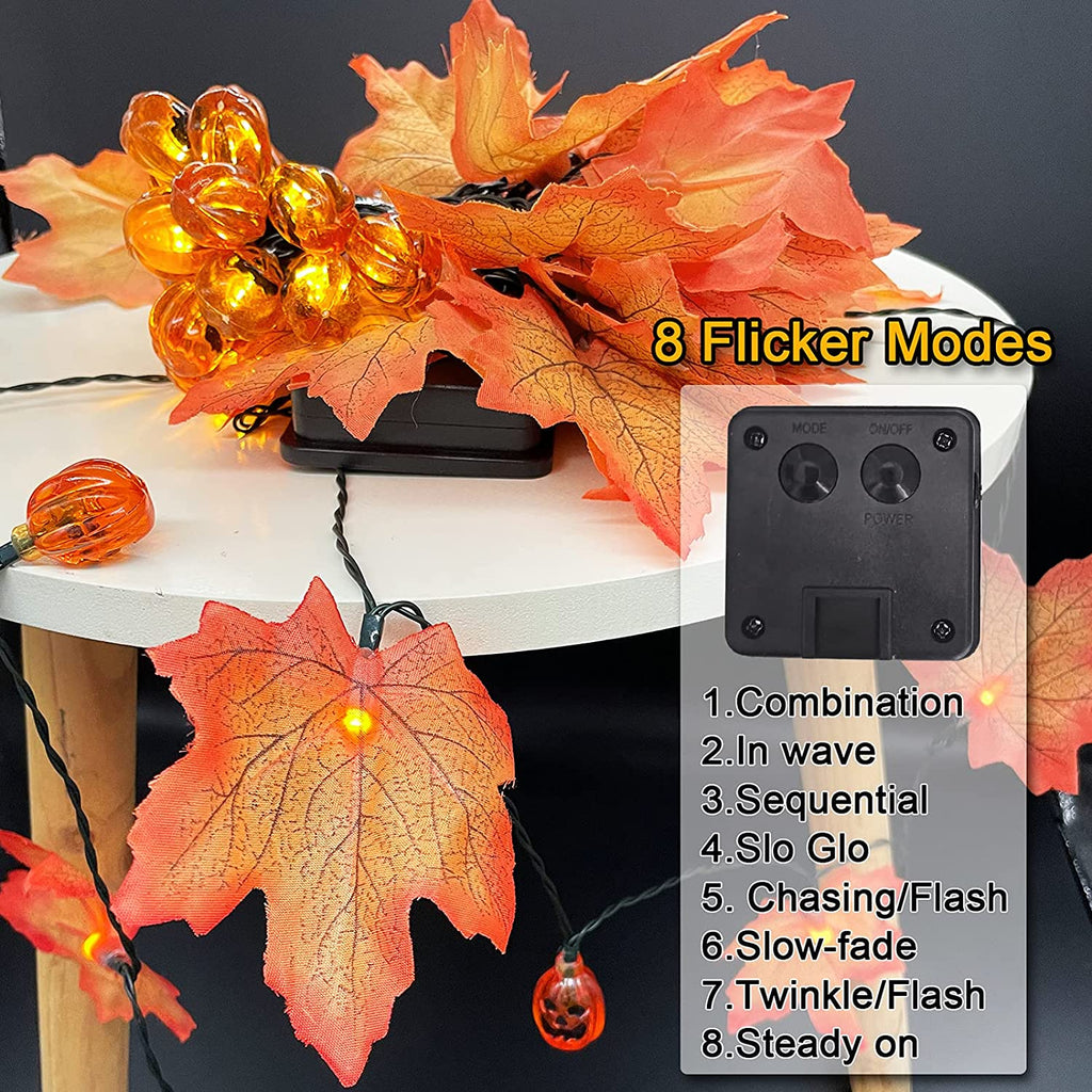 Solar Halloween Deko Garten Kürbiskopf Ahornblätter Kürbis Lichterkette mit Solarbetrieben, 8 Modi Wasserdicht Halloween Lichterkette für Außen Innen, Allerheiligen, Halloween Party Dekorations