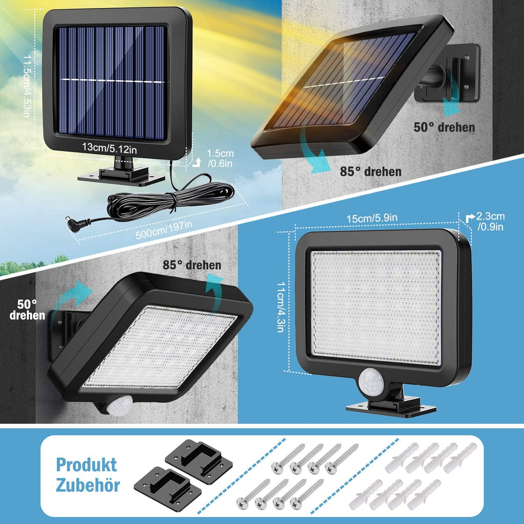 Solarlampen für Außen, 56 LED Solarleuchte Aussen mit Bewegungsmelder, IP65 Wasserdichte, 120°Beleuchtungswinkel, Solar Wandleuchte für Garten mit 5m Kabel