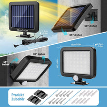 Laden Sie das Bild in den Galerie-Viewer, Solarlampen für Außen, 56 LED Solarleuchte Aussen mit Bewegungsmelder, IP65 Wasserdichte, 120°Beleuchtungswinkel, Solar Wandleuchte für Garten mit 5m Kabel