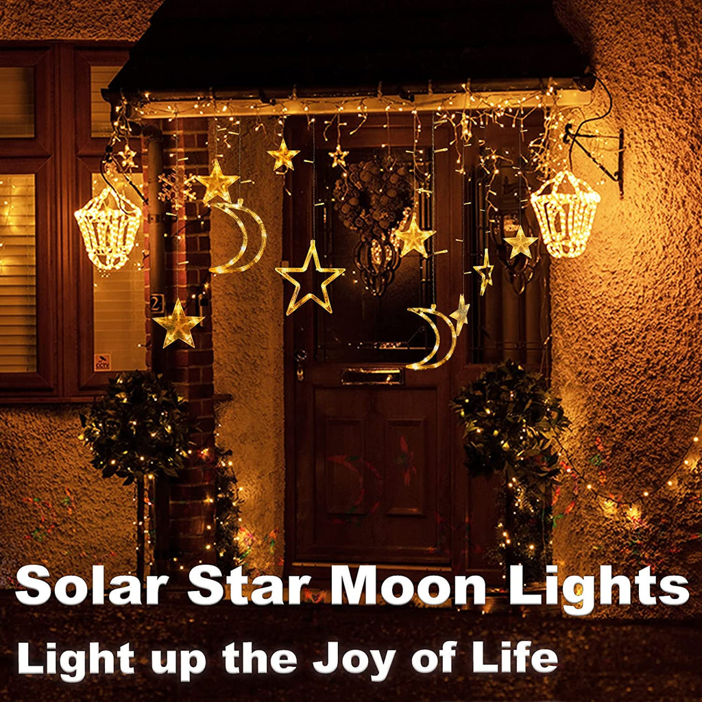 Solar Lichterkette mit LED Kugel 12 Stern-Mond Stern-Stern Sterne Mond Lichtervorhang 123 Leuchtioden Lichtervorhang 8 Modi Innen & Außenlichterkette Wasserdicht Dekoration für Weihnachten