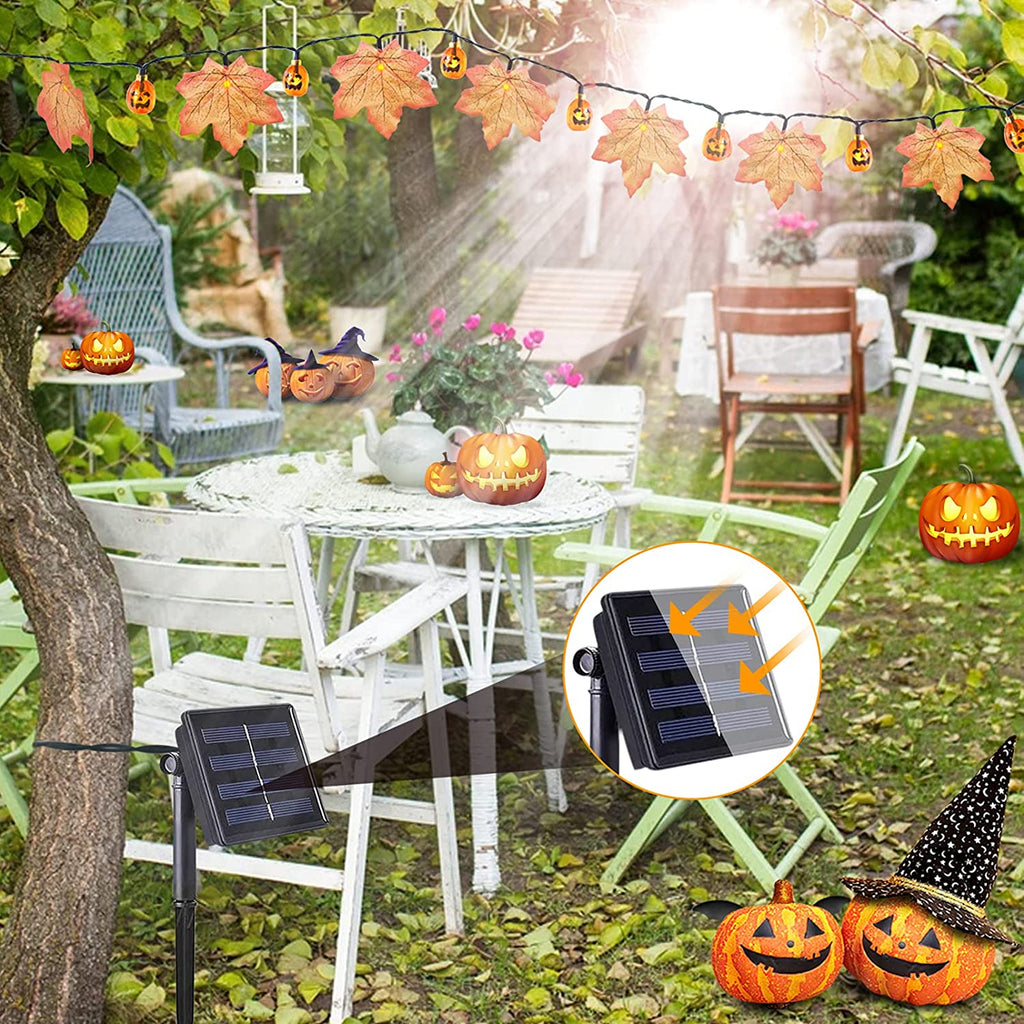 Solar Halloween Deko Garten Kürbiskopf Ahornblätter Kürbis Lichterkette mit Solarbetrieben, 8 Modi Wasserdicht Halloween Lichterkette für Außen Innen, Allerheiligen, Halloween Party Dekorations