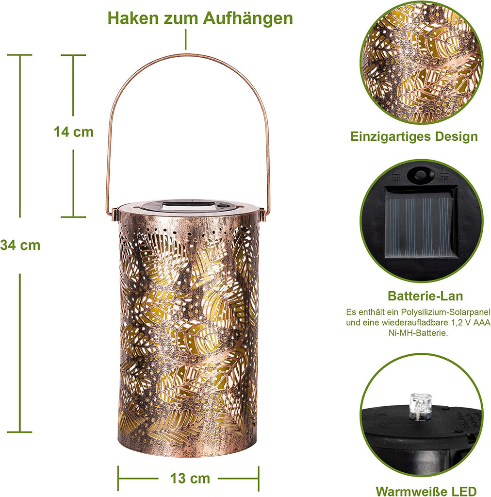 Solar Laterne - Solarlaterne für Außen Metall Solar Laterne LED Gartenleuchte IP44 Wasserdicht Vintage Hängend Balkon Deko für Aussen Patio Terrasse Wand Tisch Warmweiß